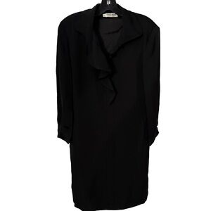 Giorgio Armani Italy Solid Black Dress Ruffle V-Neck Back Zip Size US 6 EU 40